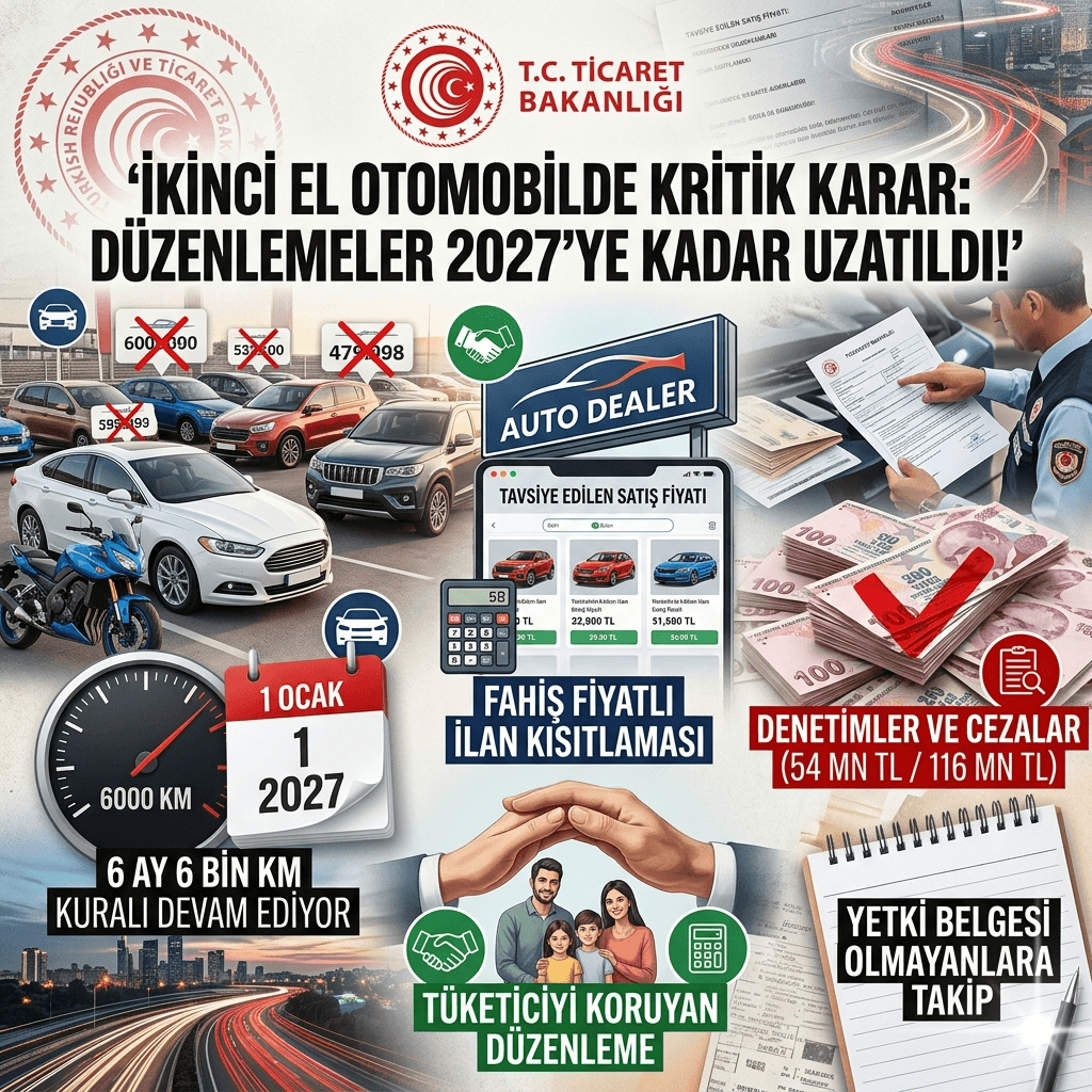 Ticaret Bakanlığı Kararı Resmileşti: İkinci El Araçta 6 Ay 6 Bin Km Kuralı ve İlan Kısıtlaması 2027’ye Kadar Uzatıldı