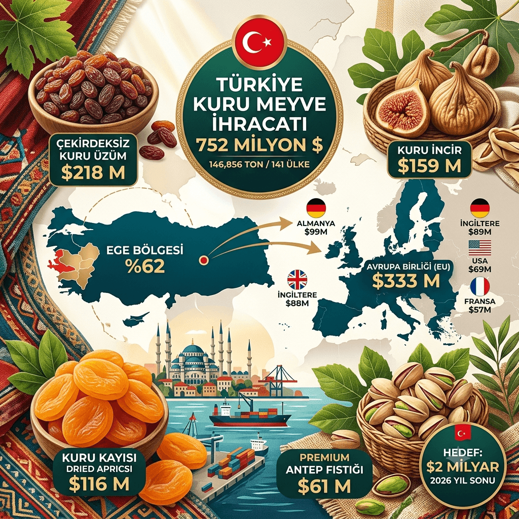 Türkiye Kuru Meyve İhracatında Güçlü Yükseliş: İlk 6 Ayda 752 Milyon Dolar Gelir, Yıl Sonu Hedefi 2 Milyar Dolar
