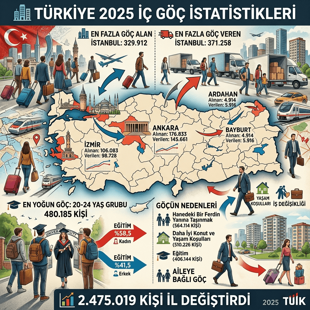 Türkiye'de 2,5 Milyona Yakın Kişi İl Değiştirdi! İşte Türkiye’de En Çok Göç Alan ve Veren Şehirler